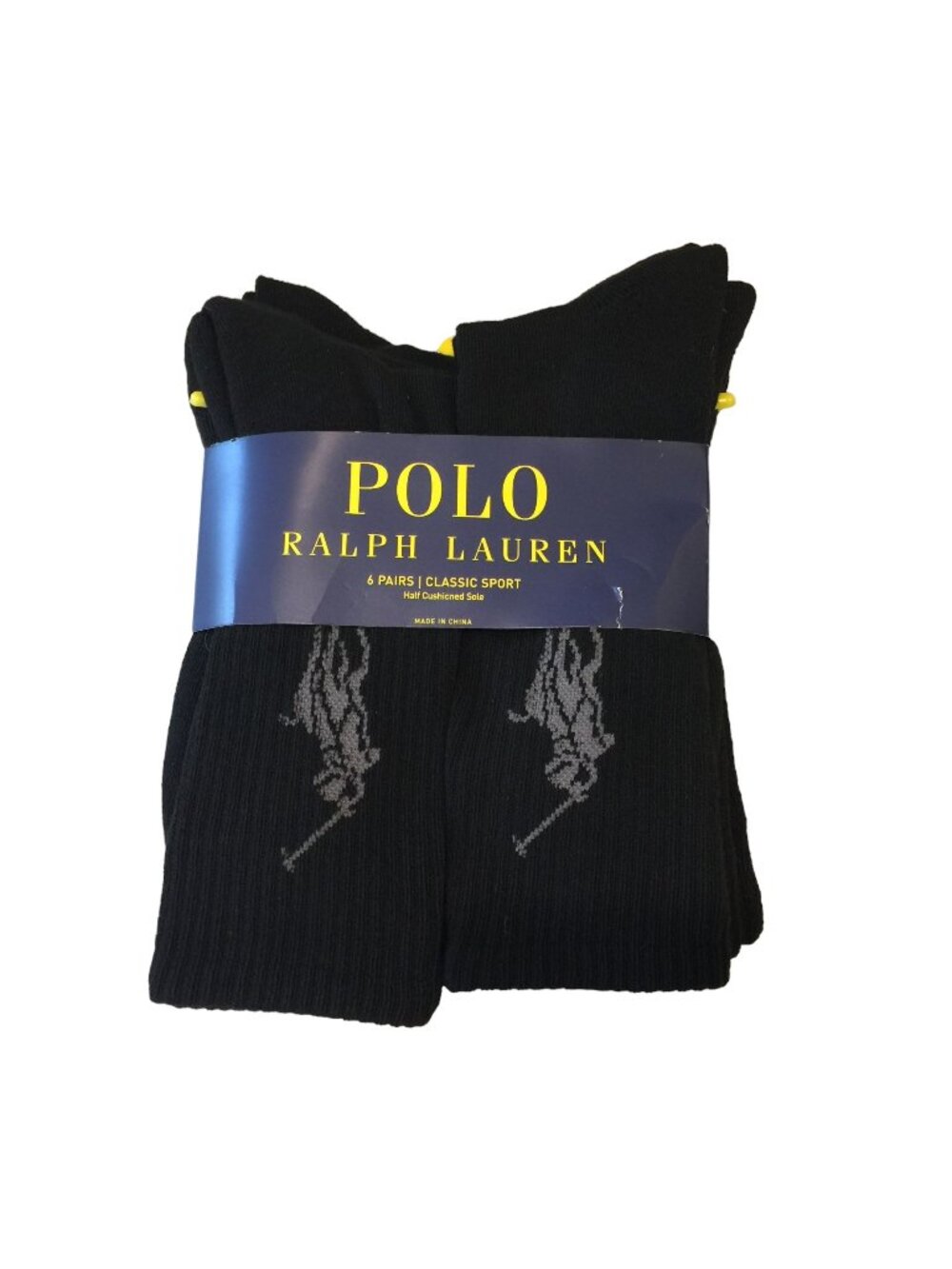POLO Ralph Lauren Men's 10-13 Black Crew Socks Half Cushioned Sole Set of 6
